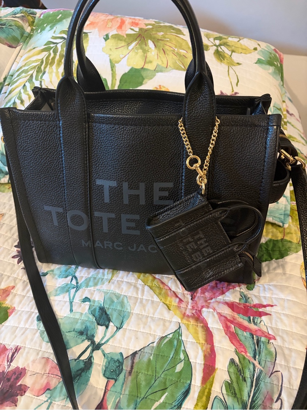 Marc Jacobs Black The Tote Bag Leather Satchel w/ Nano Tote Bag Charm